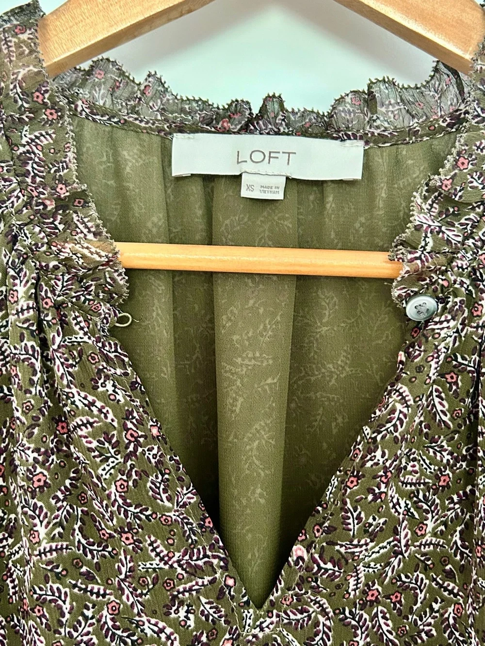LOFT Olive Green Floral Sheer V-Neck Long Sleeve Blouse